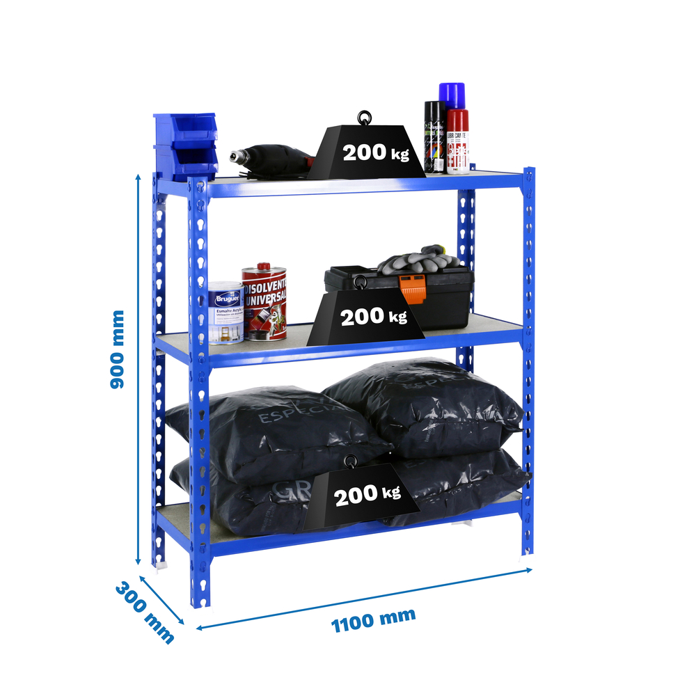 Rayonnage bois-métal léger sans vis 900x1100x300 - 3 niveaux Bleu/Bois - SIMON RACK - 8435104954799