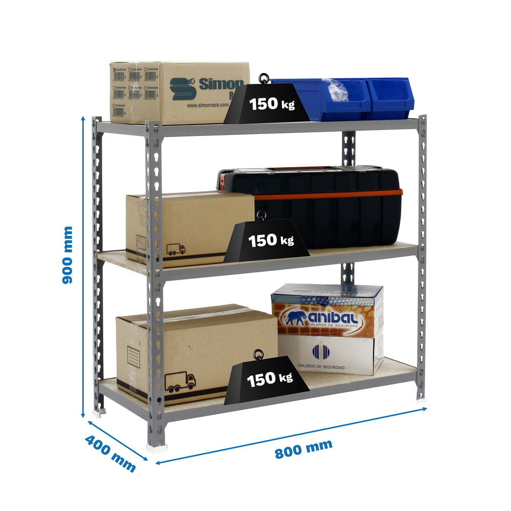 Rayonnage bois-métal léger sans vis 900x800x400 - 3 niveaux Gris/Bois - SIMON RACK - 8435104954829