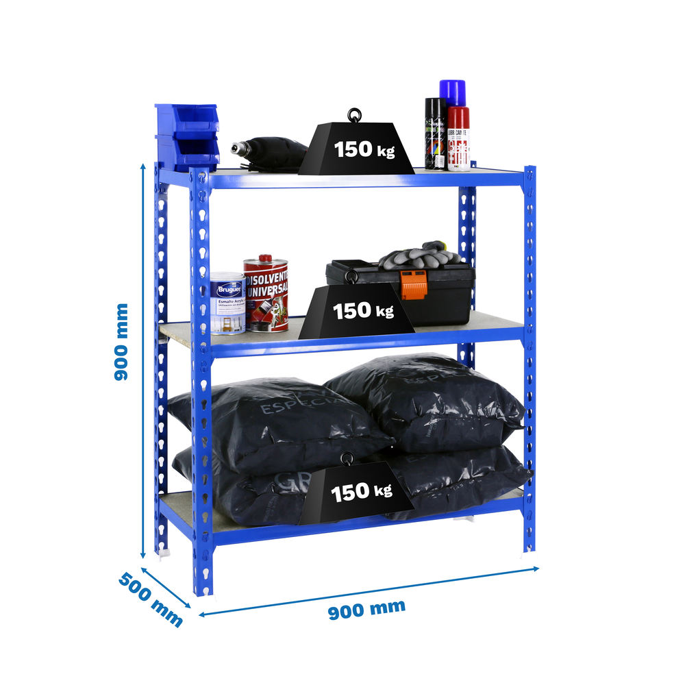 Rayonnage bois-métal léger sans vis 900x900x500 - 3 niveaux Bleu/Bois - SIMON RACK - 8435104955031