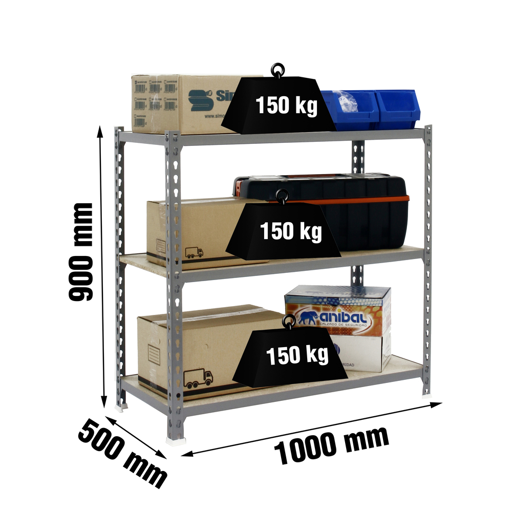 Rayonnage bois-métal léger sans vis 900x1000x500 - 3 niveaux Gris/Bois - SIMON RACK - 8435104955062