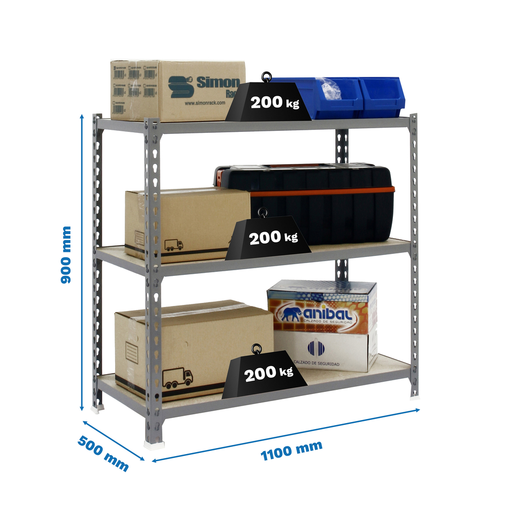 Rayonnage bois-métal léger sans vis 900x1100x500 - 3 niveaux Gris/Bois - SIMON RACK - 8435104955109