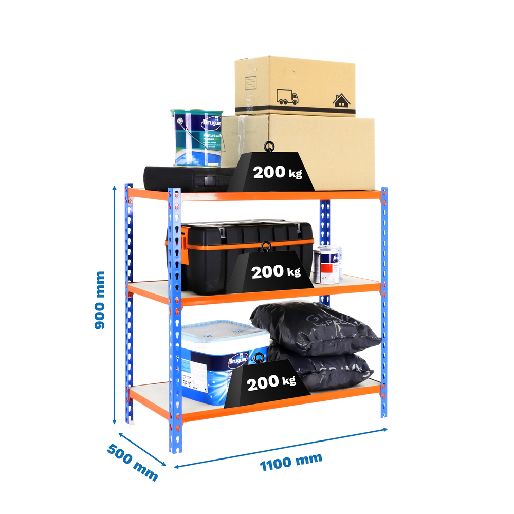 Rayonnage bois-métal léger sans vis 900x1100x500 - 3 niveaux Bleu/Bois - SIMON RACK - 8435104955123