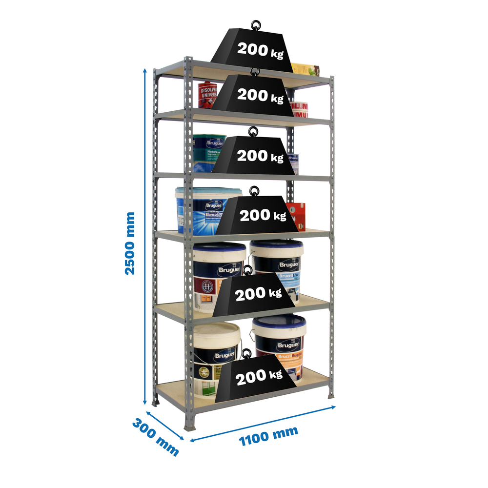 Rayonnage bois-métal léger sans vis 2500x1100x300 - 6 niveaux Gris/Bois - SIMON RACK - 8435104955260