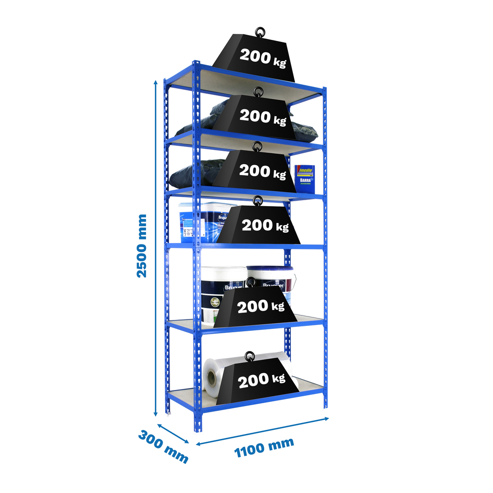 Rayonnage bois-métal léger sans vis 2500x1100x300 - 6 niveaux Bleu/Bois - SIMON RACK - 8435104955277