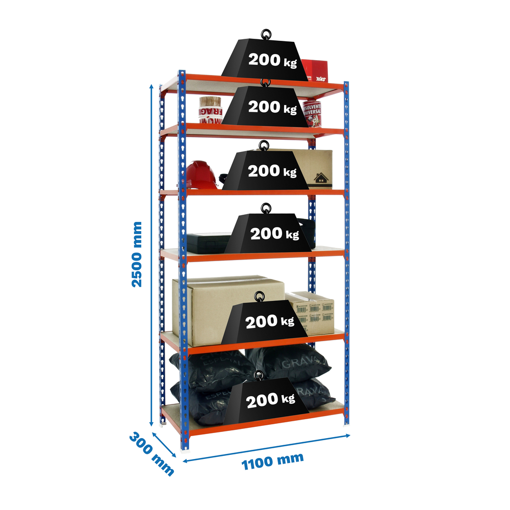 Rayonnage bois-métal léger sans vis 2500x1100x300 - 6 niveaux Bleu/Orange/Bois - SIMON RACK - 8435104955284
