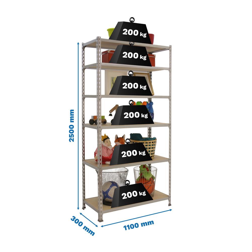 Rayonnage bois-métal léger sans vis 2500x1100x300 - 6 niveaux Bois - SIMON RACK - 8435104955291