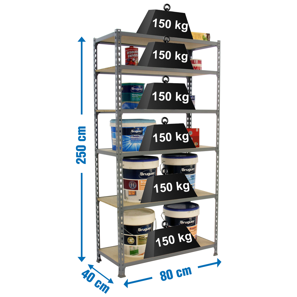 Rayonnage bois-métal léger sans vis 2500x800x400 - 6 niveaux Gris/Bois - SIMON RACK - 8435104955307