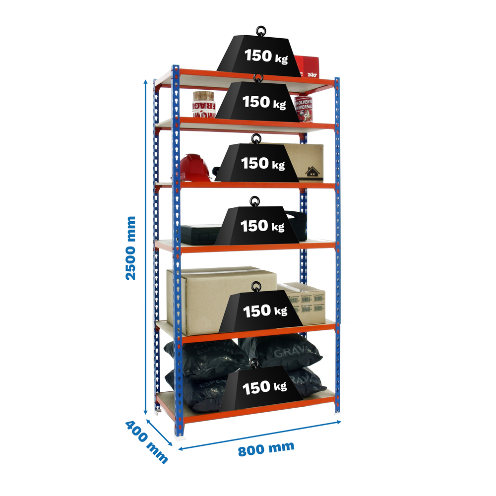 Rayonnage bois-métal léger sans vis 2500x800x400 - 6 niveaux Bleu/Orange/Bois - SIMON RACK - 8435104955321