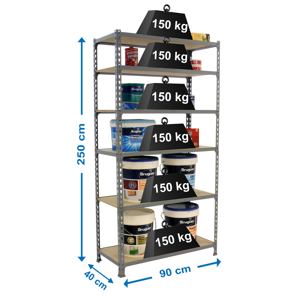 Rayonnage bois-métal léger sans vis 2500x900x400 - 6 niveaux Gris/Bois - SIMON RACK - 8435104955345