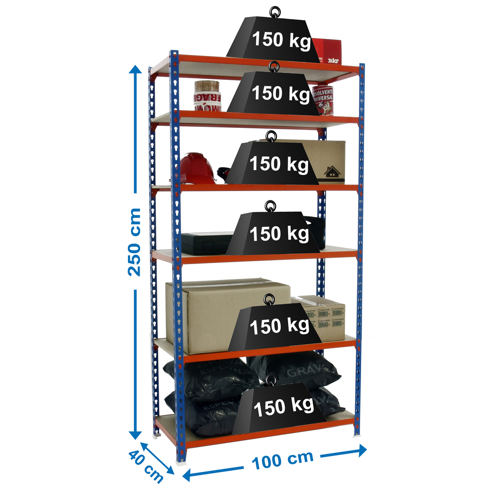 Rayonnage bois-métal léger sans vis 2500x1000x400 - 6 niveaux Bleu/Orange/Bois - SIMON RACK - 8435104955406