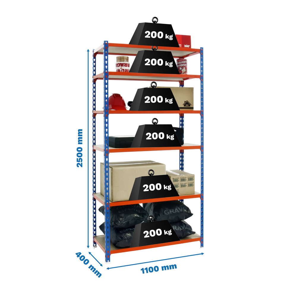 Rayonnage bois-métal léger sans vis 2500x1100x400 - 6 niveaux Bleu/Orange/Bois - SIMON RACK - 8435104955444
