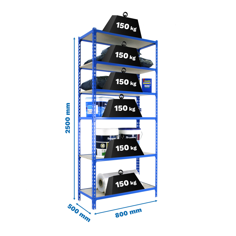 Rayonnage bois-métal léger sans vis 2500x800x500 - 6 niveaux Bleu/Bois - SIMON RACK - 8435104955475