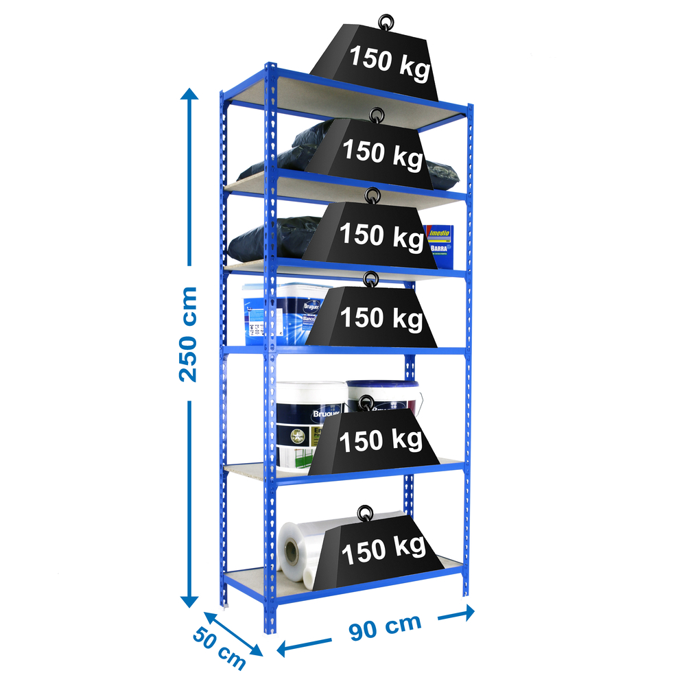 Rayonnage bois-métal léger sans vis 2500x900x500 - 6 niveaux Bleu/Bois - SIMON RACK - 8435104955512