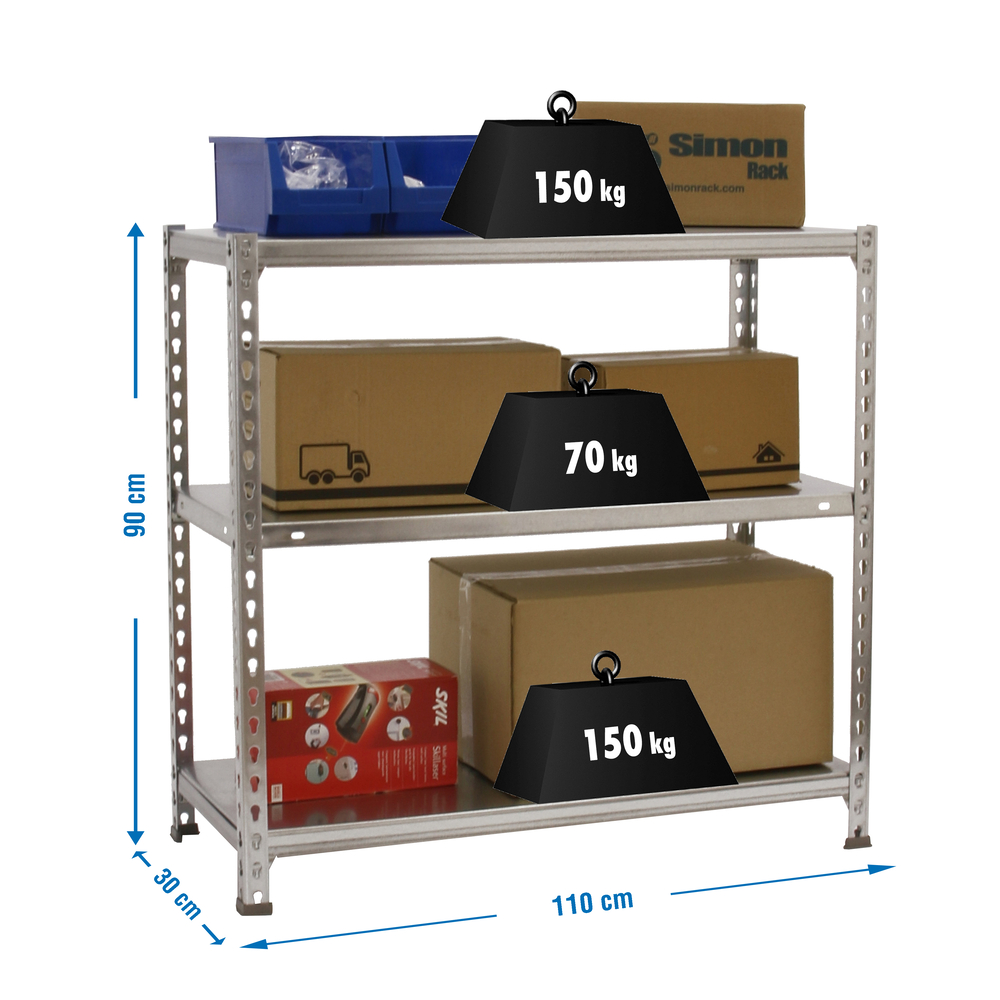 Étagère en kit charge légère sans vis 900x1100x300 - 3 niveaux Galvanisé - SIMON RACK - 8435104955734
