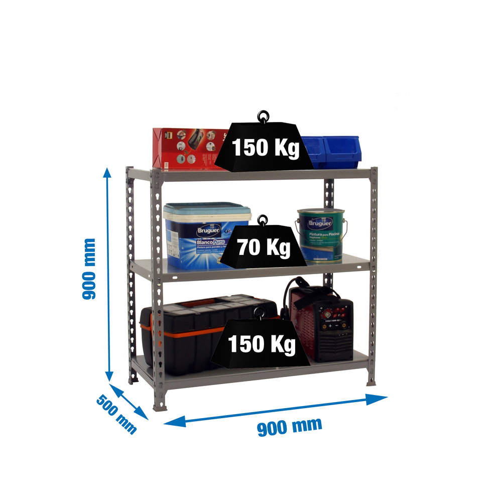 Étagère en kit charge légère sans vis 900x900x500 - 3 niveaux Gris - SIMON RACK - 8435104955901