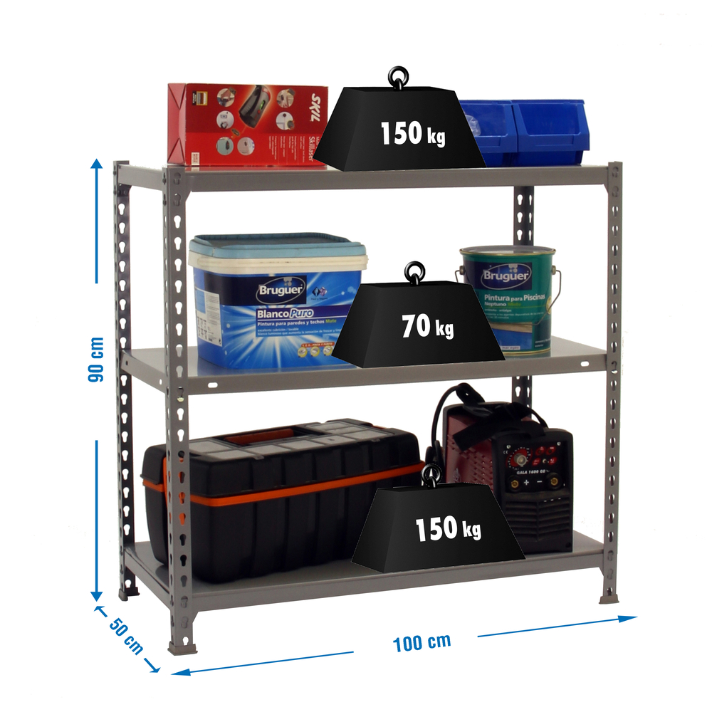 Étagère en kit charge légère sans vis 900x1000x500 - 3 niveaux Gris - SIMON RACK - 8435104955932