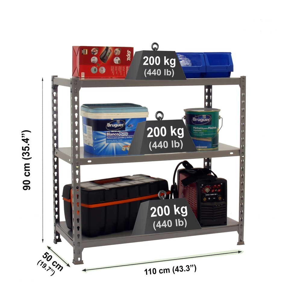 Étagère en kit charge légère sans vis 900x1100x500 - 3 niveaux Gris - SIMON RACK - 8435104955963