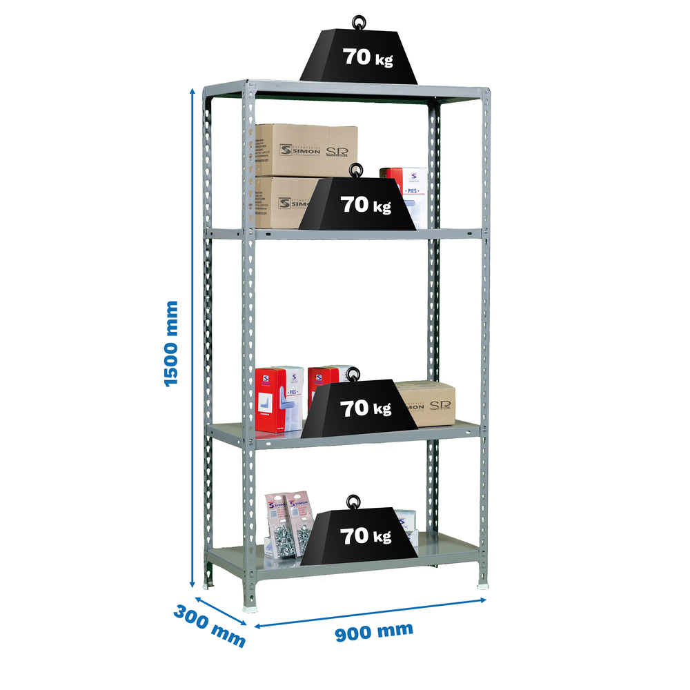 Étagère en kit charge légère sans vis 1500x900x300 - 3 niveaux Gris - SIMON RACK - 8435104956007