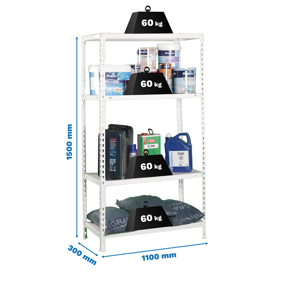 Étagère en kit charge légère sans vis 1500x1100x300 - 4 niveaux Blanc - SIMON RACK - 8435104956052