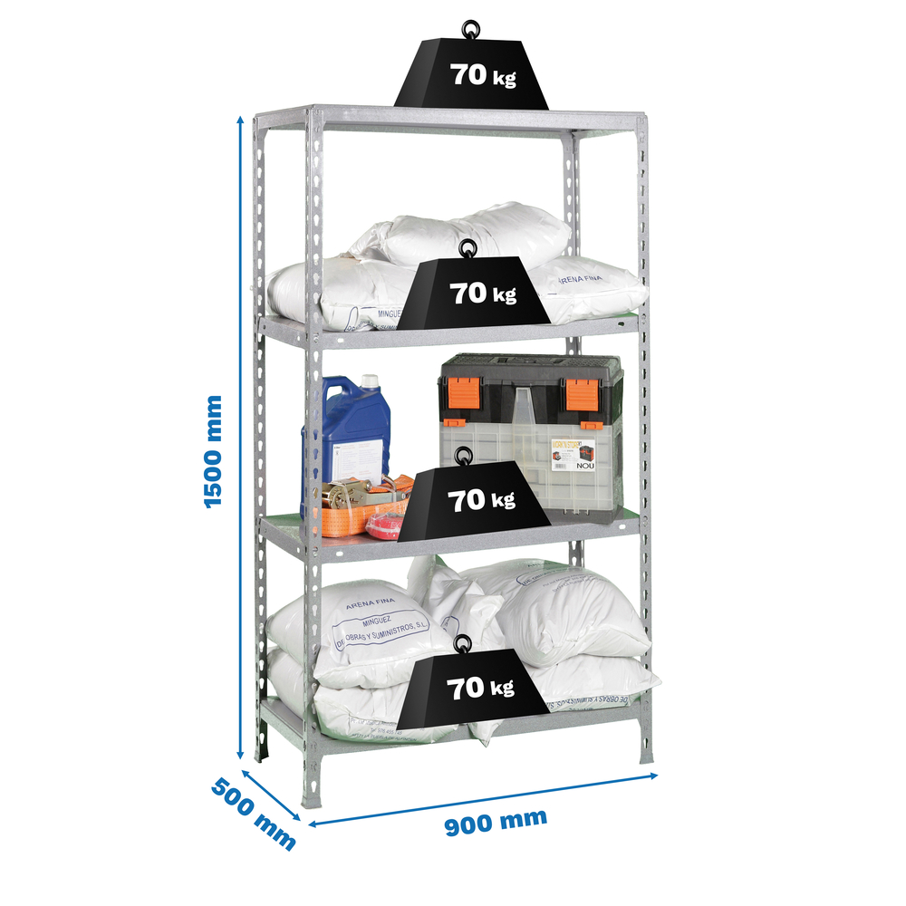 Étagère en kit charge légère sans vis 1500x900x500 - 4 niveaux Galvanisé - SIMON RACK - 8435104956229