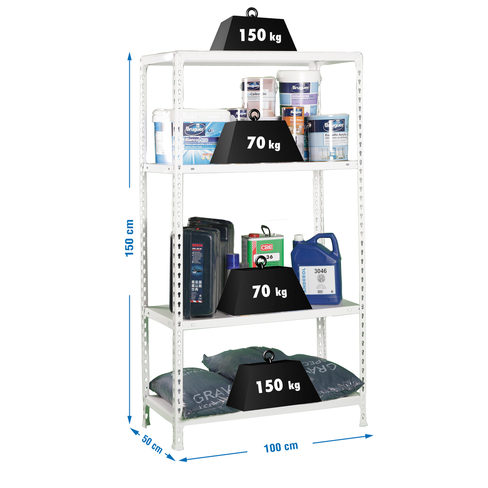 Étagère en kit charge légère sans vis 1500x1000x500 - 4 niveaux Blanc - SIMON RACK - 8435104956236