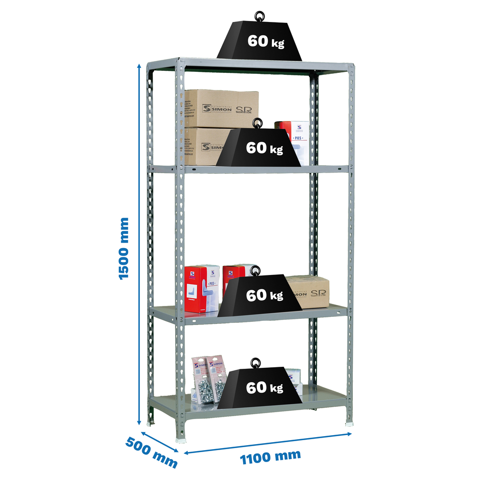 Étagère en kit charge légère sans vis 1500x1100x500 - 4 niveaux Gris - SIMON RACK - 8435104956274