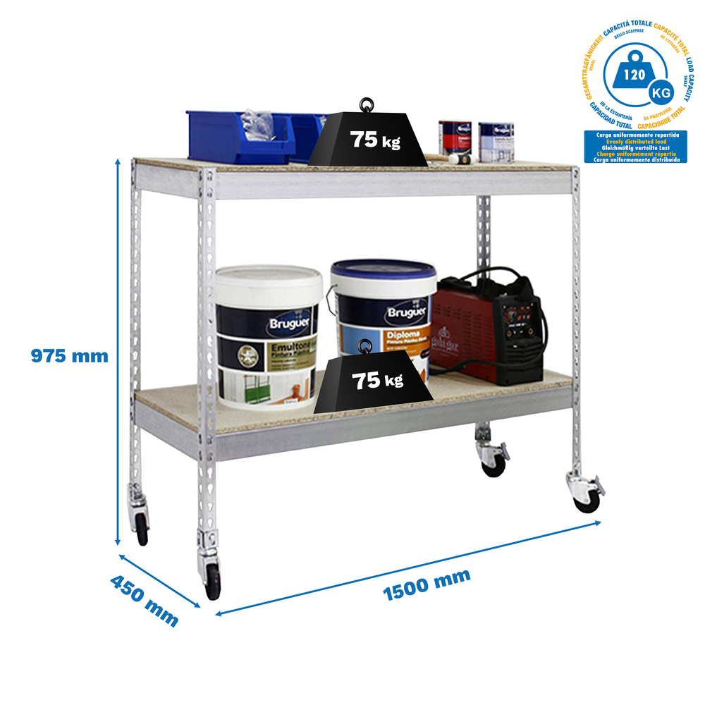 Étagère mobile charge moyenne 75kg - 975x1500x450 - 2 niveaux Bois - SIMON RACK - 8435104956311
