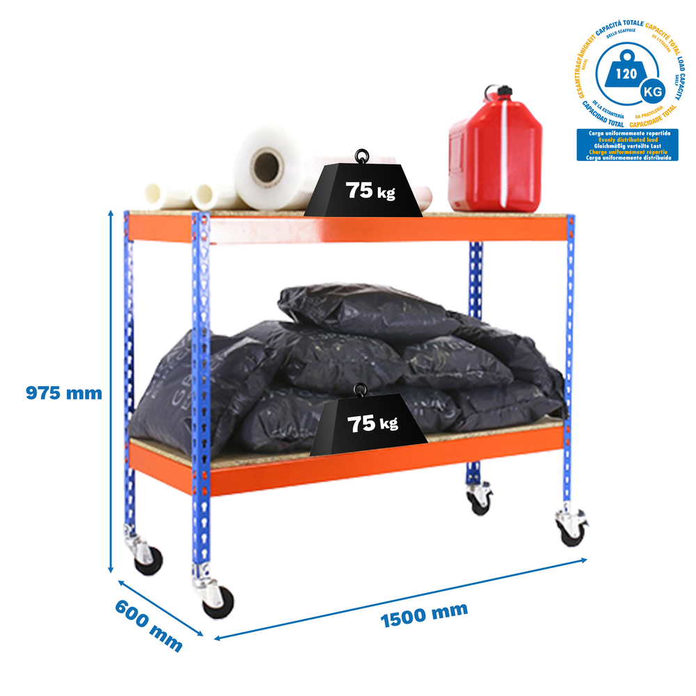 Étagère mobile charge moyenne 75kg - 975x1500x600 - 2 niveaux Bleu/Orange - SIMON RACK - 8435104956366