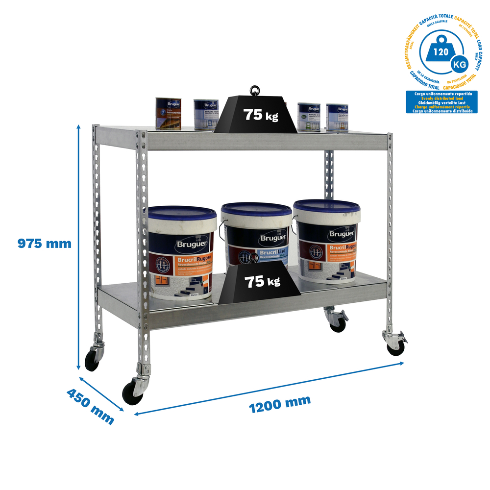 Étagère mobile charge moyenne 75kg - 975x1200x450 - 2 niveaux Galvanisé - SIMON RACK - 8435104956410
