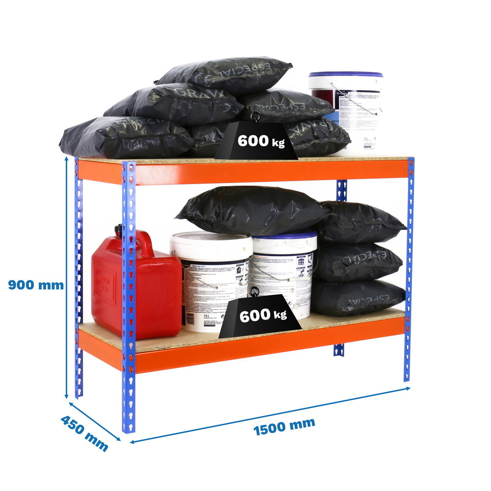 Étagère charge moyenne 500 à 600kg - 900x1500x450 - 2 niveaux Bleu/Orange/Bois - SIMON RACK - 8435104956564