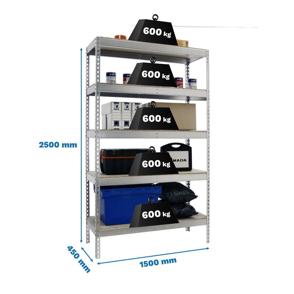 Étagère charge moyenne 500 à 600kg - 2500x1500x450 - 5 niveaux Bois - SIMON RACK - 8435104956793