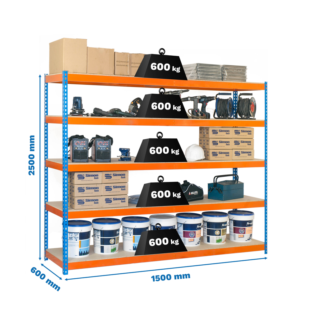 Étagère charge moyenne 500 à 600kg - 2500x1500x600 - 5 niveaux Bleu/Orange/Bois - SIMON RACK - 8435104956847