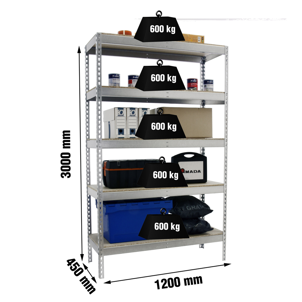 Étagère charge moyenne 500 à 600kg - 3000x1200x450 - 5 niveaux Bois - SIMON RACK - 8435104956892