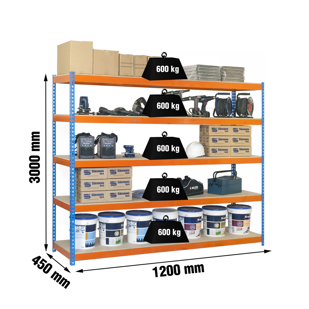 Étagère charge moyenne 500 à 600kg - 3000x1200x450 - 5 niveaux Bleu/Orange/Bois - SIMON RACK - 8435104956908