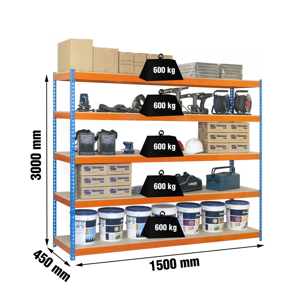 Étagère charge moyenne 500 à 600kg - 3000x1500x450 - 5 niveaux Bleu/Orange/Bois - SIMON RACK - 8435104956922