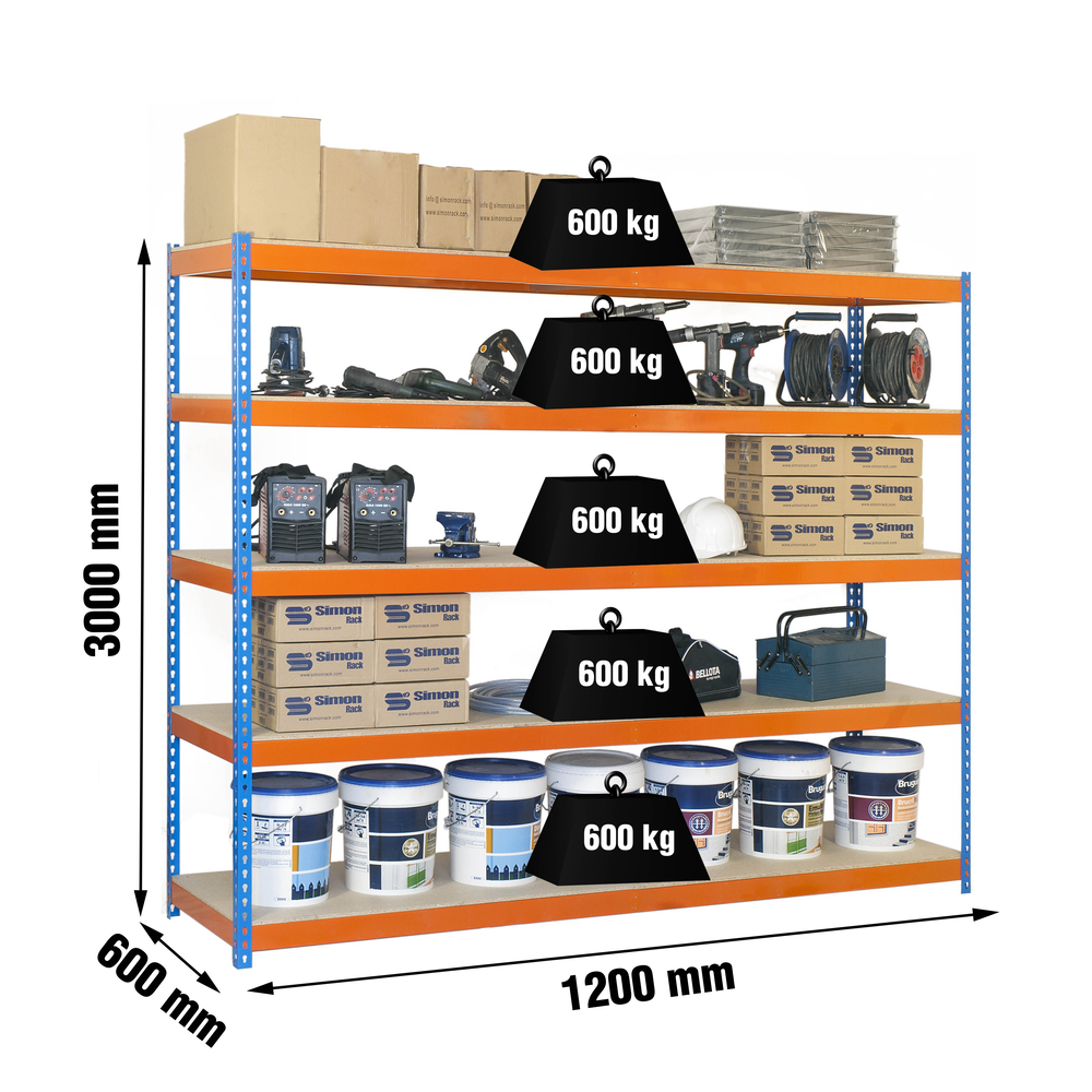 Étagère charge moyenne 500 à 600kg - 3000x1200x600 - 5 niveaux Bleu/Orange/Bois - SIMON RACK - 8435104956946
