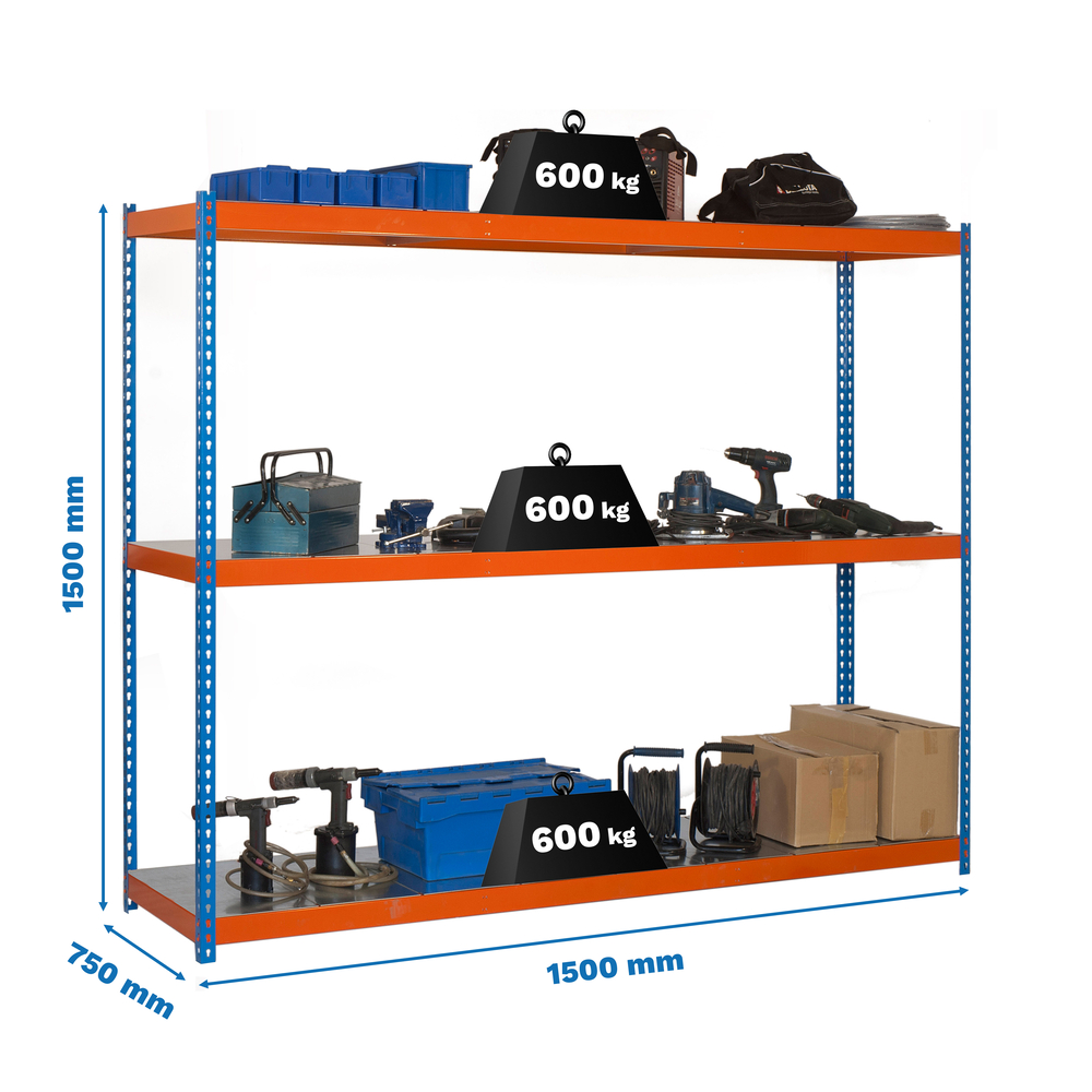 Étagère charge moyenne 500 à 600kg - 1500x1500x750 - 3 niveaux Bleu/Orange/Galvanisé - SIMON RACK - 8435104957240