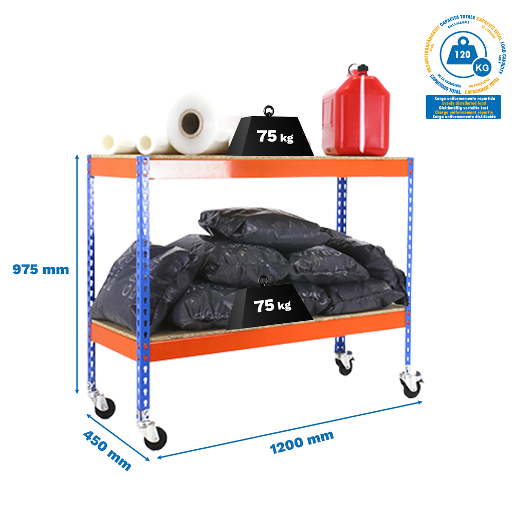 Étagère mobile charge moyenne 75kg - 975x1200x450 - 2 niveaux Bleu/Orange/Bois - SIMON RACK - 8435104957349