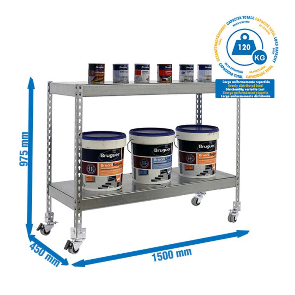 Étagère mobile charge moyenne 75kg - 975x1500x450 - 2 niveaux Galvanisé - SIMON RACK - 8435104957479