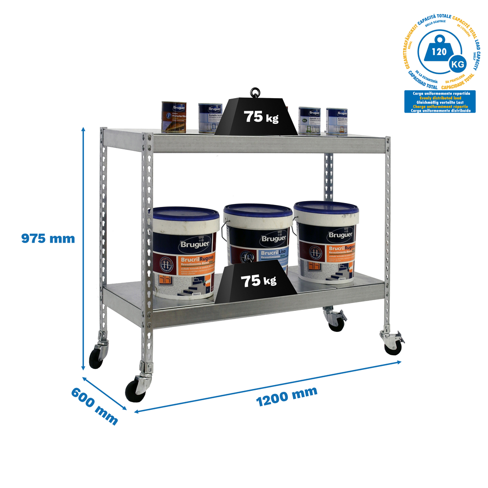 Étagère mobile charge moyenne 75kg - 975x1200x600 - 2 niveaux Galvanisé - SIMON RACK - 8435104957493