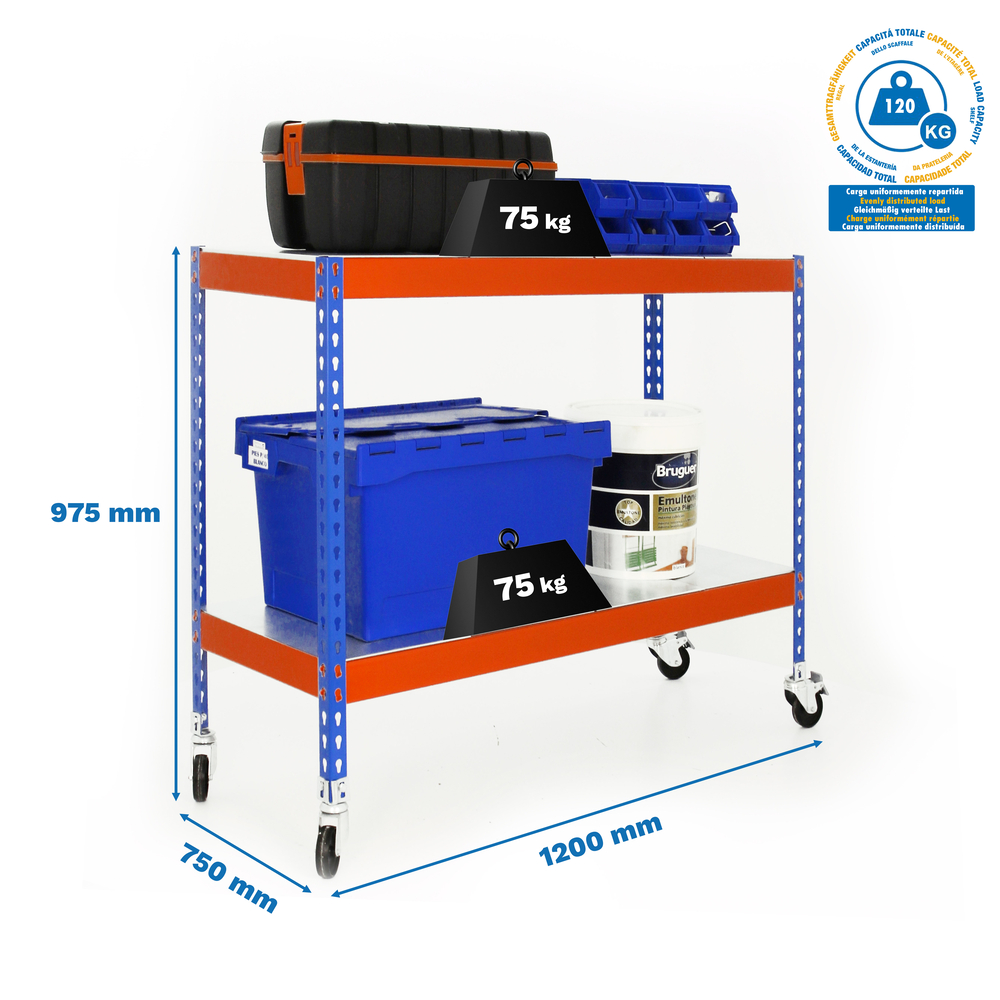 Étagère mobile charge moyenne 75kg - 975x1200x750 - 2 niveaux Bleu/Orange/Galvanisé - SIMON RACK - 8435104957547