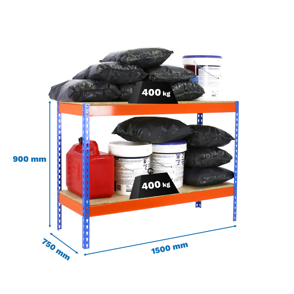 Étagère charge moyenne 400kg - 900x1500x750 - 2 niveaux Bleu/Orange/Bois - SIMON RACK - 8435104957684