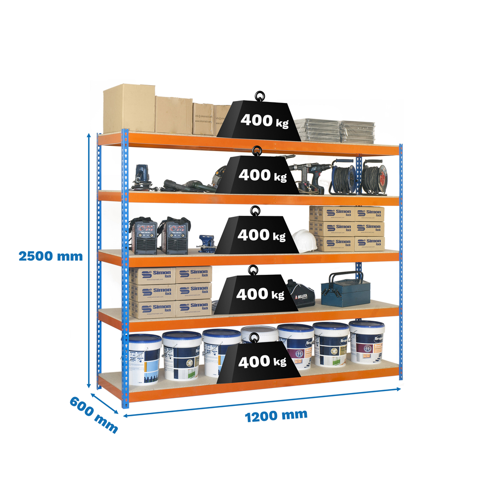 Étagère charge moyenne 400kg - 2500x1200x600 - 5 niveaux Bleu/Orange/Bois - SIMON RACK - 8435104957868