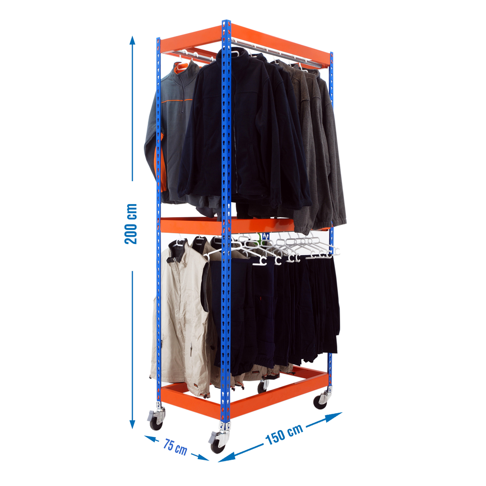 Rayonnage pour vêtements 75x1500x750 - 2 niveaux Bleu/Orange - SIMON RACK - 8435104959619