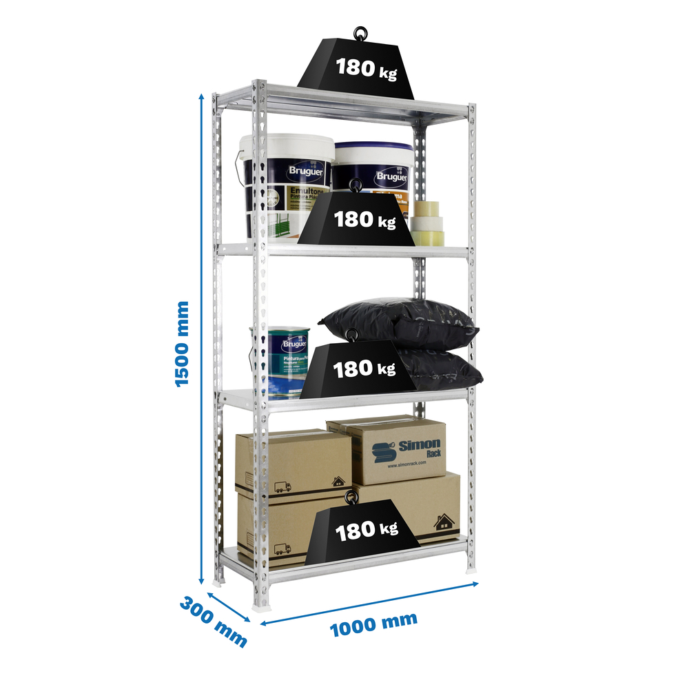 Rayonnage métallique léger sans vis 1500x1000x300 - 4 niveaux Galvanisé - SIMON RACK - 8435104960486