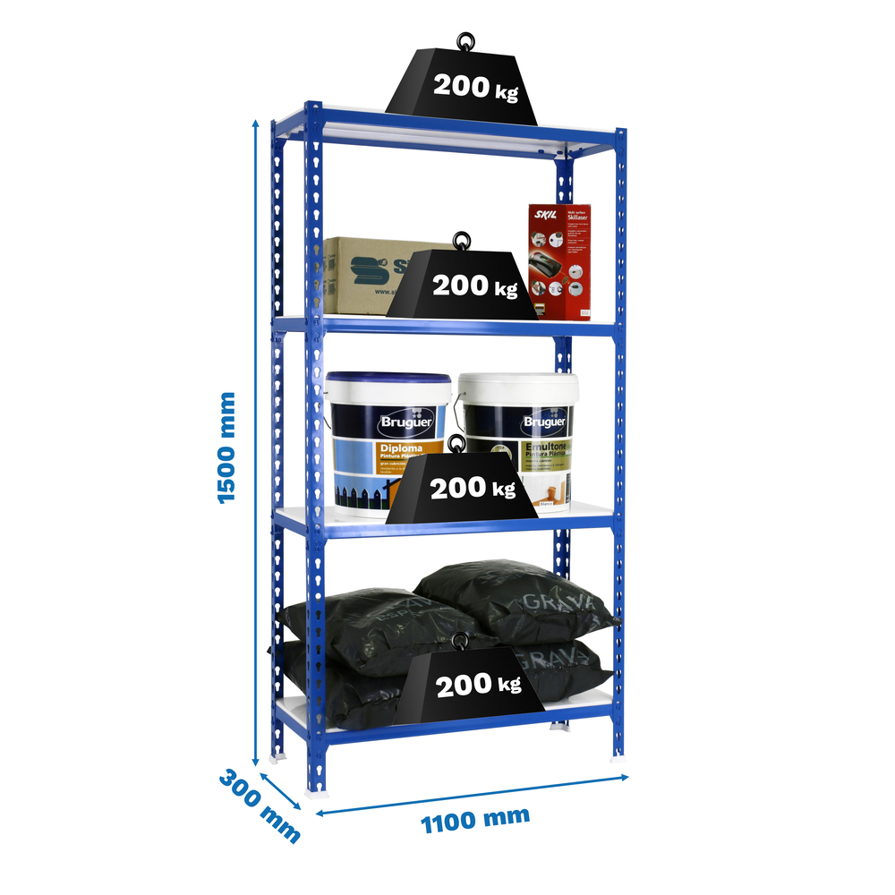 Rayonnage métallique léger sans vis 1500x1100x300 - 4 niveaux Bleu/Blanc - SIMON RACK - 8435104960493