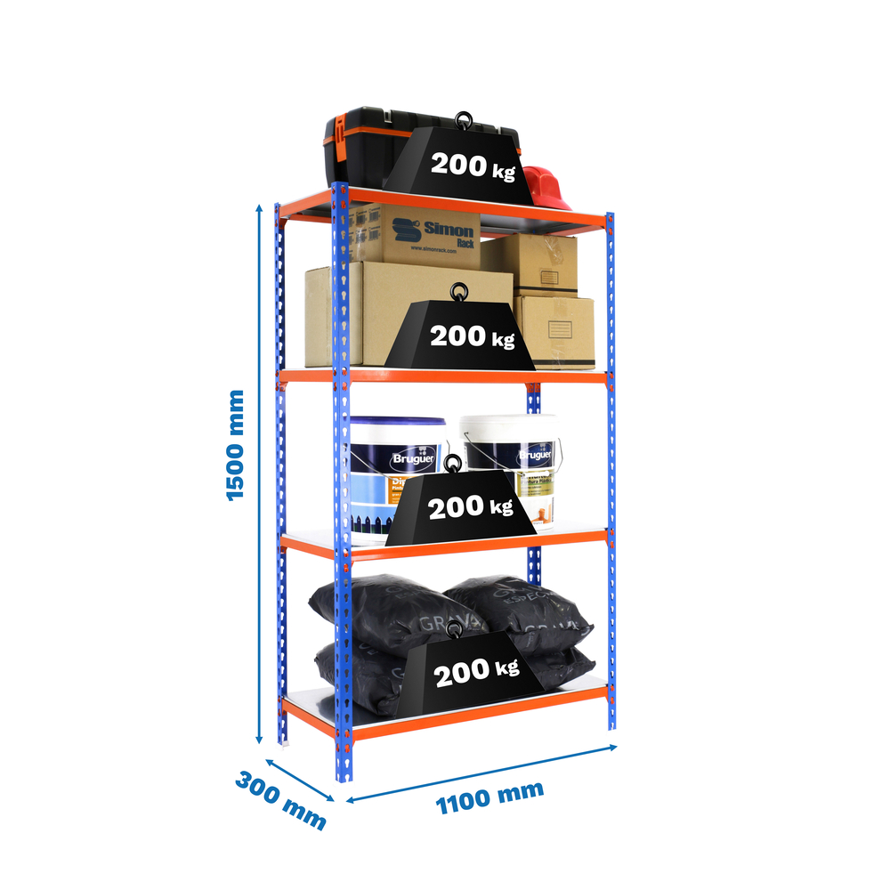 Rayonnage métallique léger sans vis 1500x1100x300 - 4 niveaux Bleu/Orange - SIMON RACK - 8435104960509
