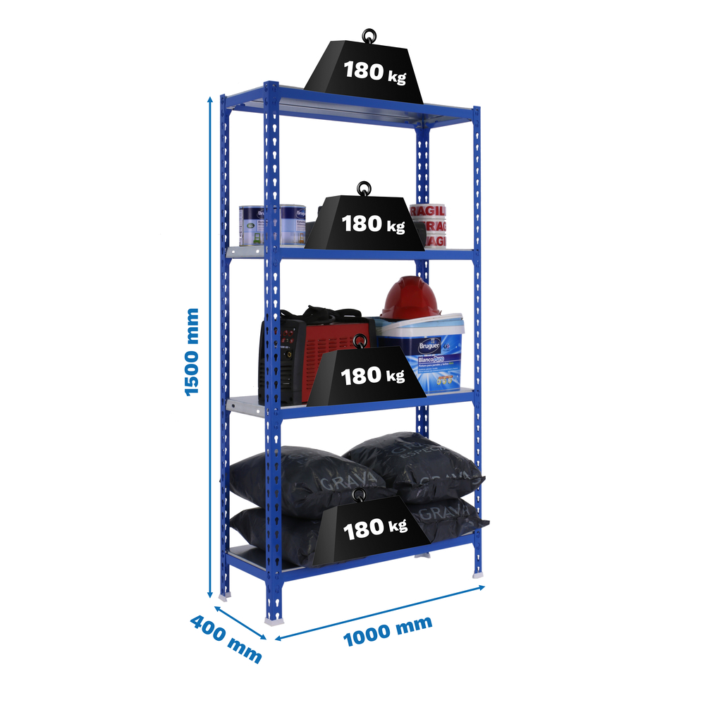Rayonnage métallique léger sans vis 1500x1000x400 - 4 niveaux Bleu - SIMON RACK - 8435104960639