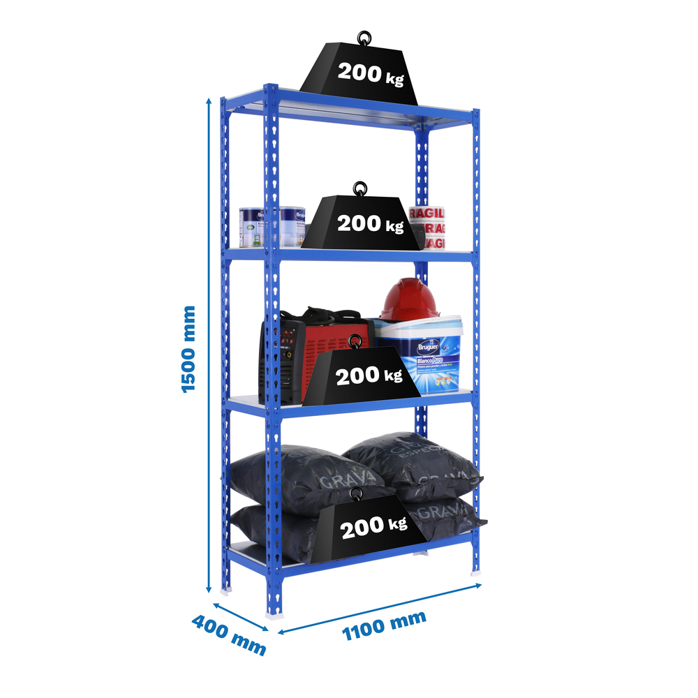 Rayonnage métallique léger sans vis 1500x1100x400 - 4 niveaux Bleu - SIMON RACK - 8435104960677
