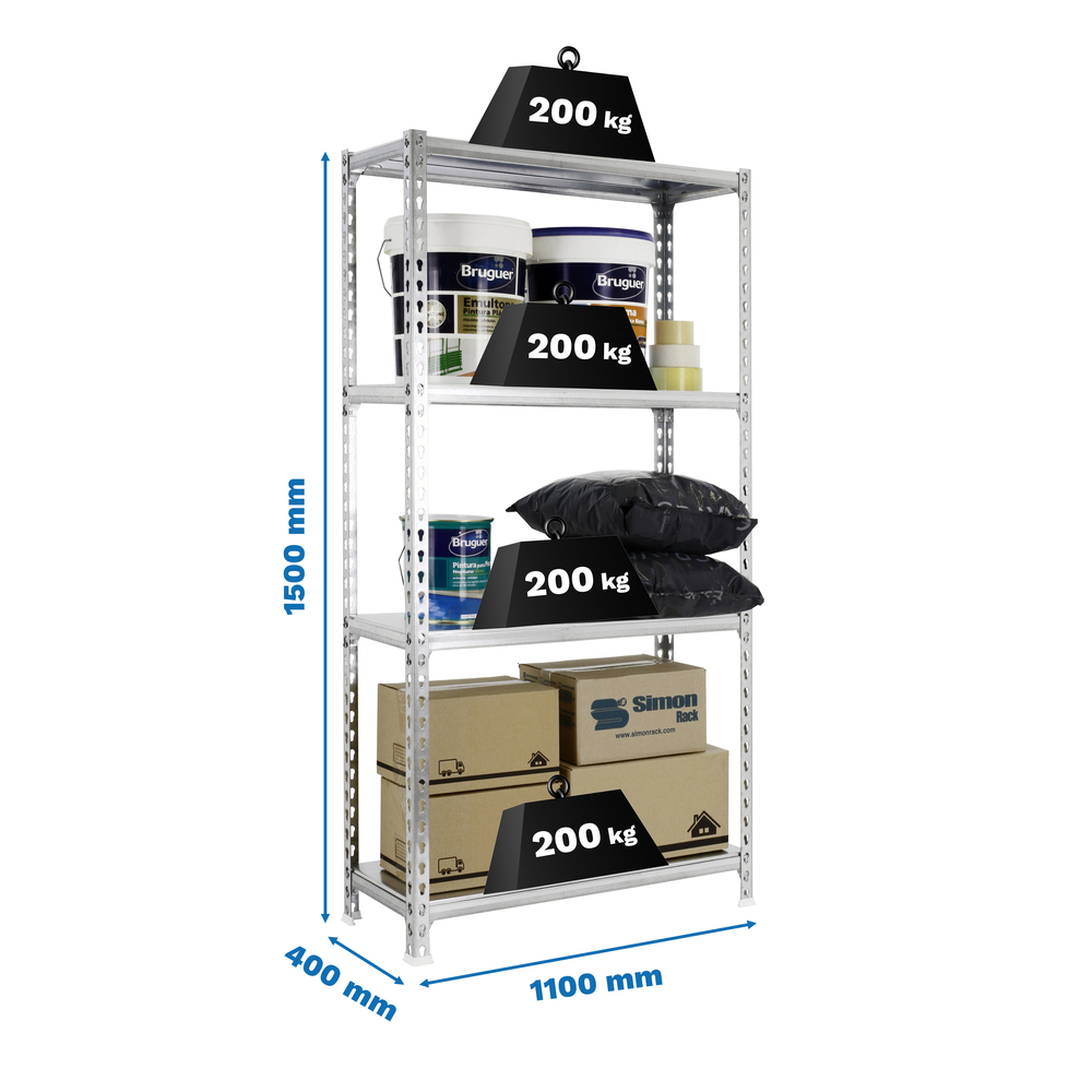 Rayonnage métallique léger sans vis 1500x1100x400 - 4 niveaux Galvanisé - SIMON RACK - 8435104960684